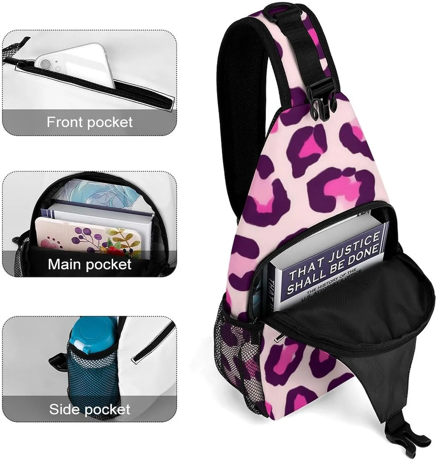 Supdreamc Men & Women Sling Shoulder Backpack Cheetah Leopard Print Floral Pink Outdoor Sport Daypack Travel Bag - Multipurpose Anti-Theft Tote Bags, Durable Crossbody Shoulder Bag