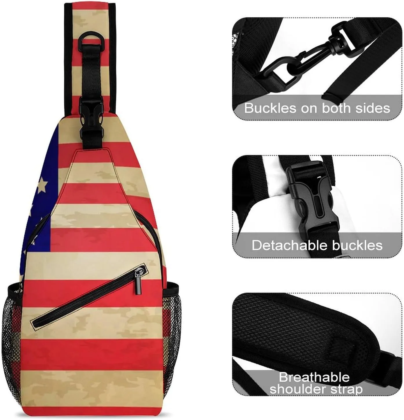 Supdreamc Men & Women Sling Shoulder Backpack Travel Backpack Camping Outdoor Bag - Vintage Retro American Flag Anti-Theft Multipurpose Bookbag, Unbalance Shoulder Chest Crossbody Bag
