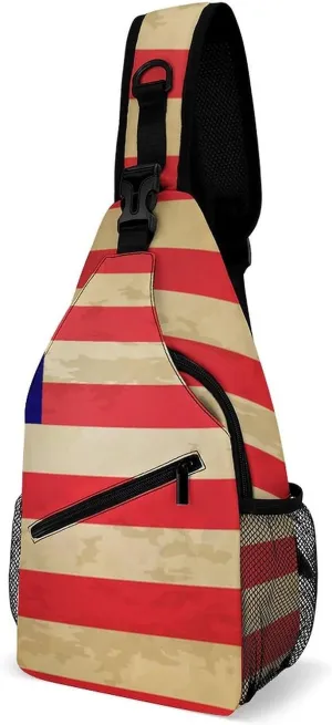 Supdreamc Men & Women Sling Shoulder Backpack Travel Backpack Camping Outdoor Bag - Vintage Retro American Flag Anti-Theft Multipurpose Bookbag, Unbalance Shoulder Chest Crossbody Bag