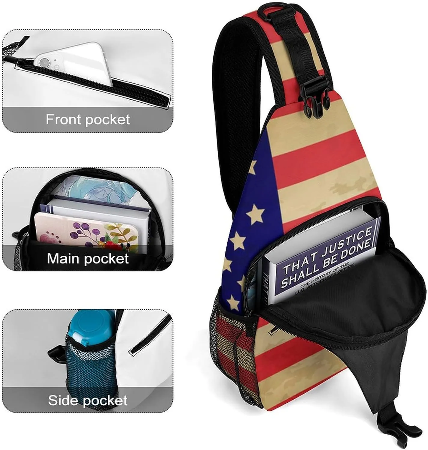 Supdreamc Men & Women Sling Shoulder Backpack Travel Backpack Camping Outdoor Bag - Vintage Retro American Flag Anti-Theft Multipurpose Bookbag, Unbalance Shoulder Chest Crossbody Bag