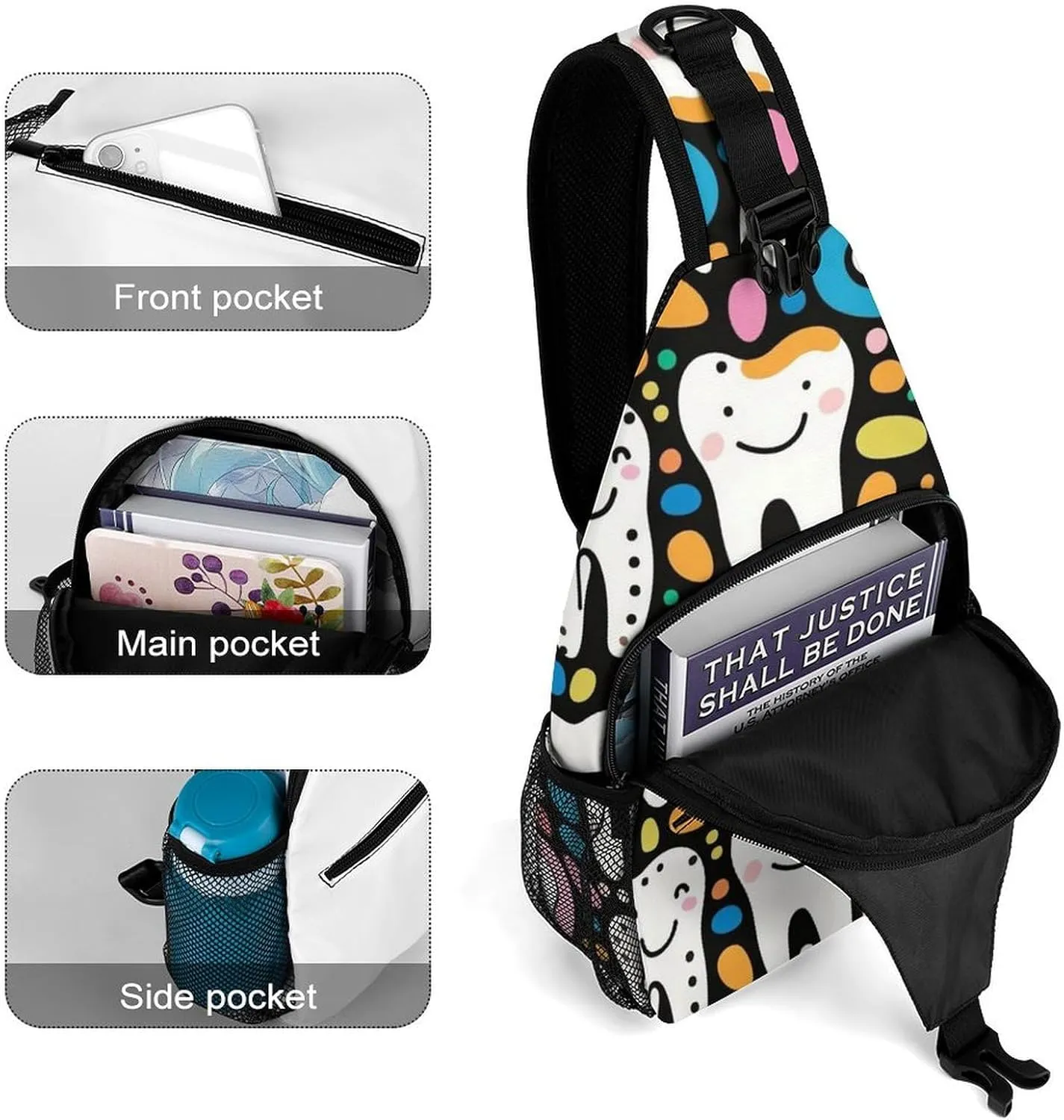 Supdreamc Sling Bag Backpack for Men Women Multipurpose Anti-Theft Outdoor Sport Daypack Travel Bag Tactical Satchel, Cartoon Teeth Dental Art Chest Day Backpack