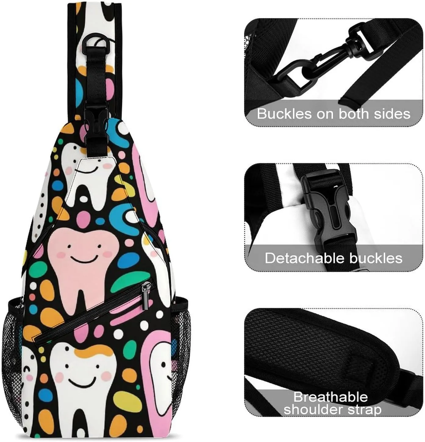 Supdreamc Sling Bag Backpack for Men Women Multipurpose Anti-Theft Outdoor Sport Daypack Travel Bag Tactical Satchel, Cartoon Teeth Dental Art Chest Day Backpack