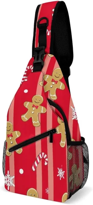 Supdreamc Sling Shoulder Backpack for Men Women Multipurpose Anti-Theft Outdoor Sport Daypack Travel Bag Tactical Satchel, Christmas Red Gingerbread Cookies Candy Canes Crossbody Rucksack