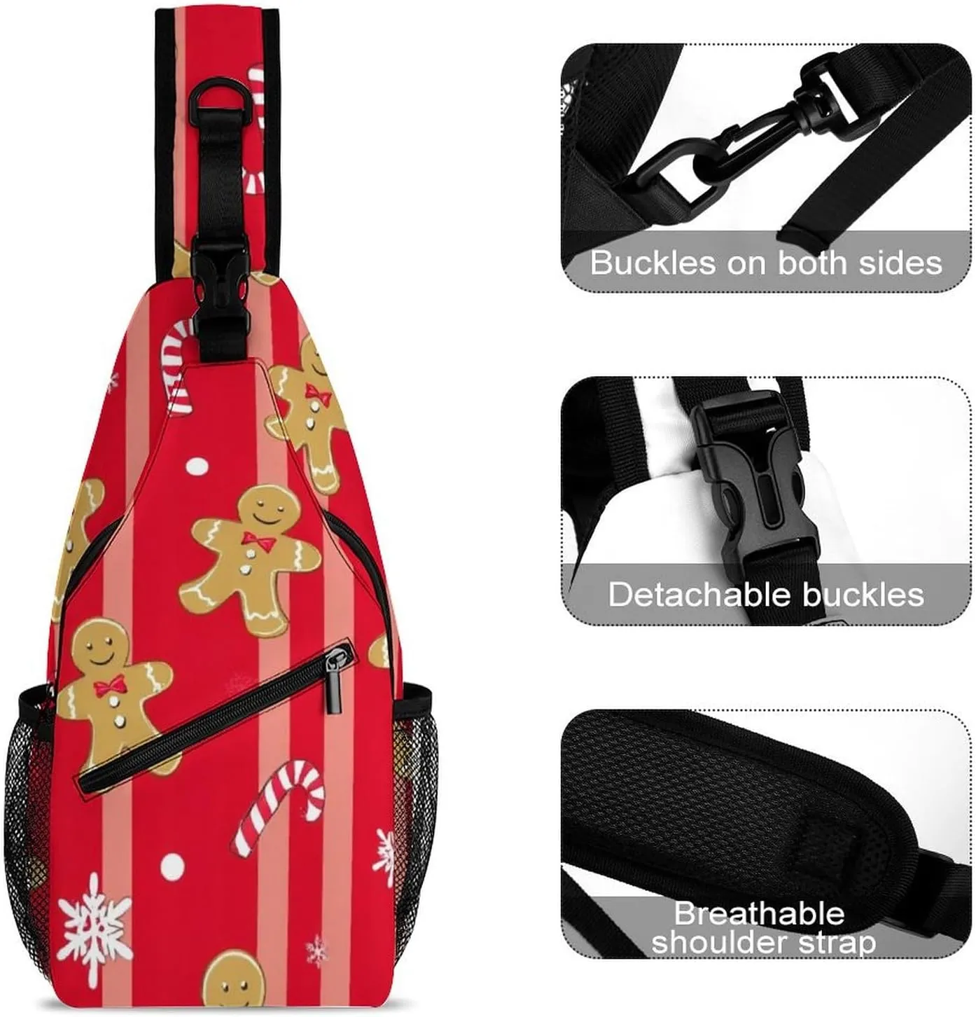 Supdreamc Sling Shoulder Backpack for Men Women Multipurpose Anti-Theft Outdoor Sport Daypack Travel Bag Tactical Satchel, Christmas Red Gingerbread Cookies Candy Canes Crossbody Rucksack