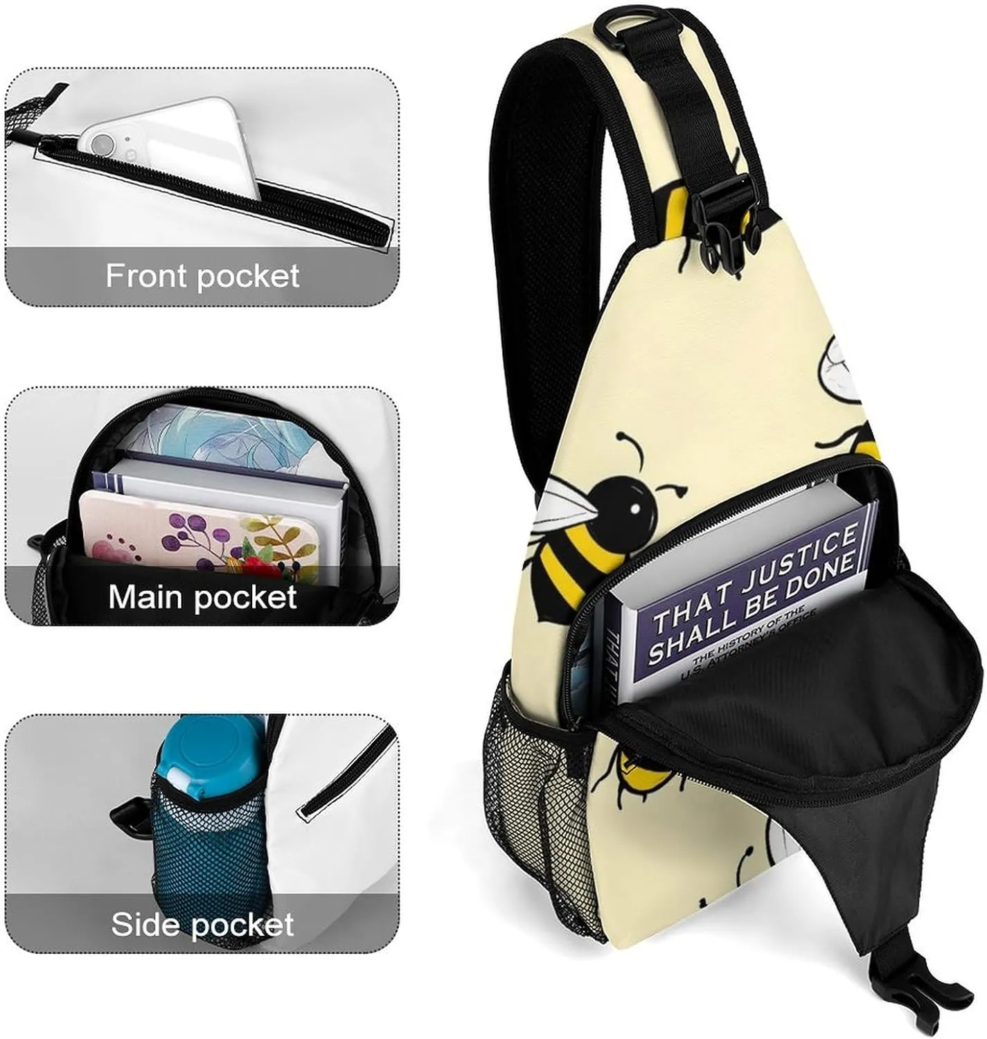 Supdreamc Ultra Lightweight Sling Backpack Crossbody Chest Rucksack Anti-Theft Multipurpose Bag for Hiking Cycling Walking Dog Bicycle Travel, Cute Bee Pattern