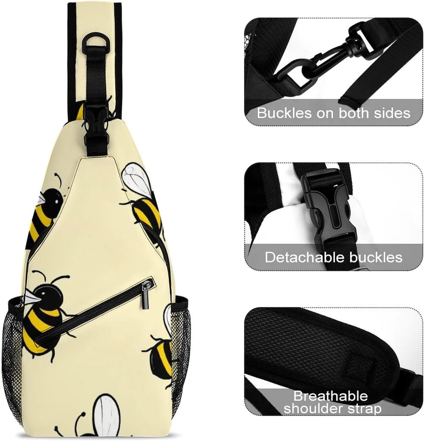 Supdreamc Ultra Lightweight Sling Backpack Crossbody Chest Rucksack Anti-Theft Multipurpose Bag for Hiking Cycling Walking Dog Bicycle Travel, Cute Bee Pattern