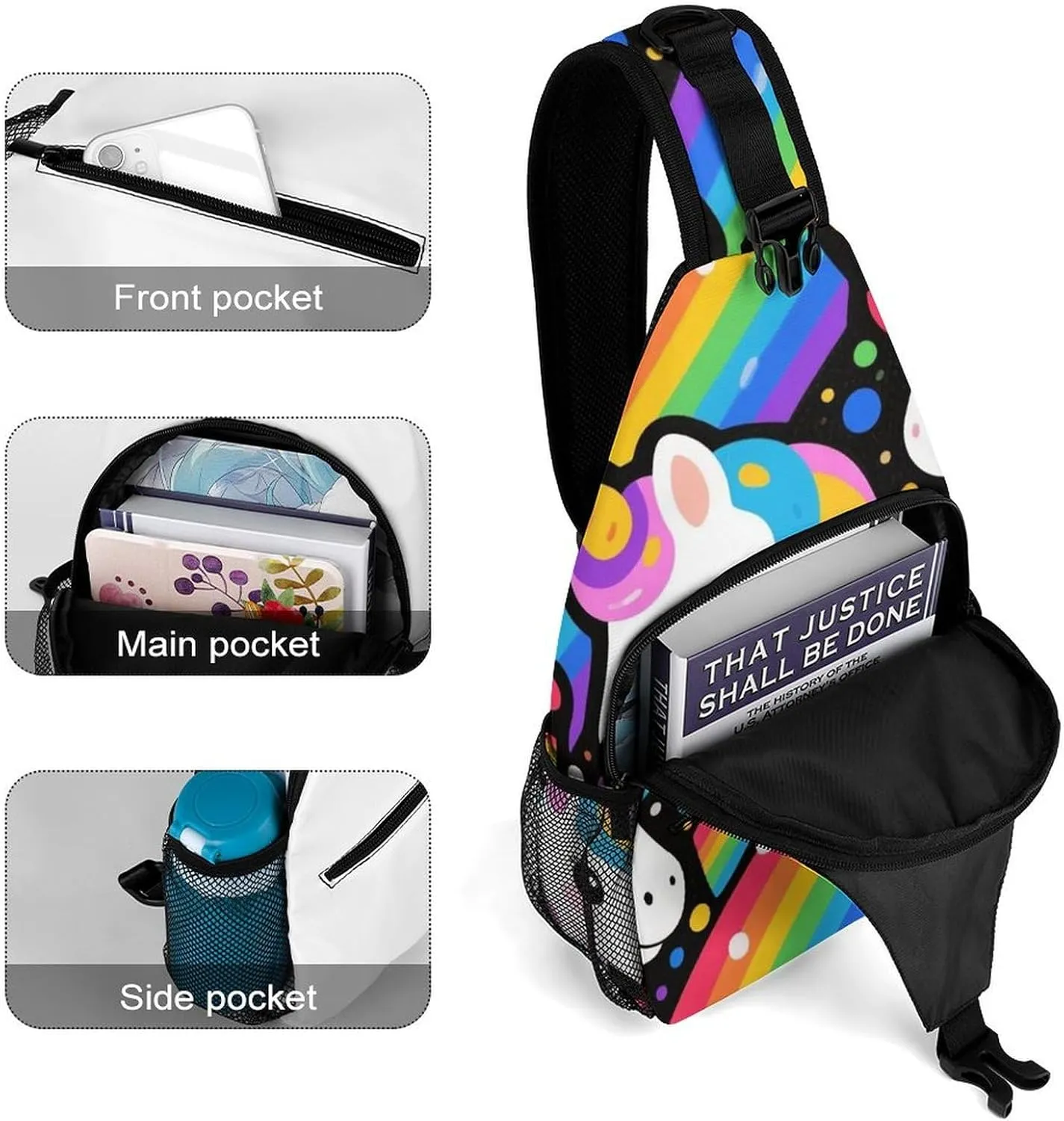 Supdreamc Ultra Lightweight Sling Shoulder Backpack Shoulder Crossbody Bag Chest Pack Multipurpose Anti-Theft Daypack for Outdoors Camping Hiking Trekking, Trippy Rainbow Unicorn Art