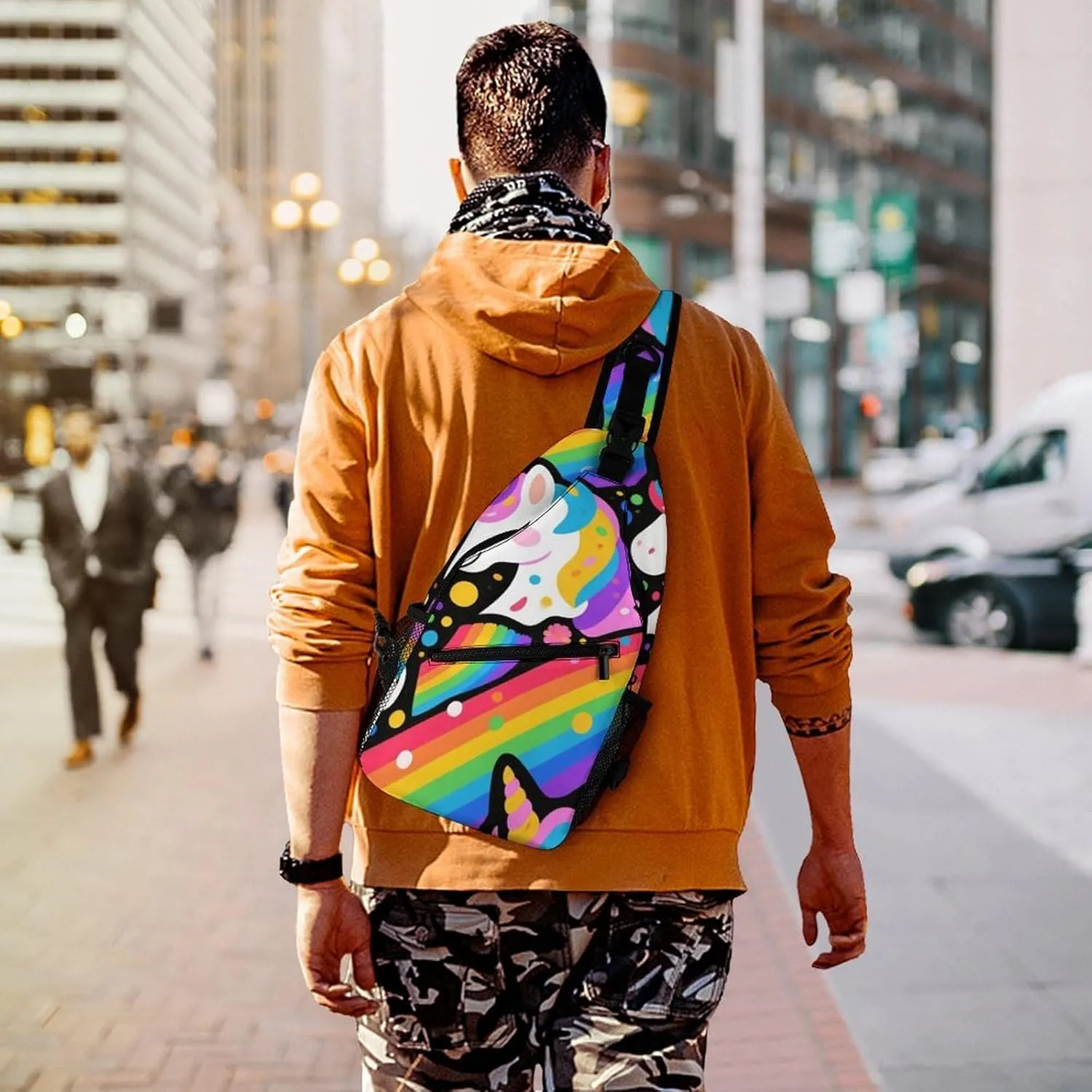 Supdreamc Ultra Lightweight Sling Shoulder Backpack Shoulder Crossbody Bag Chest Pack Multipurpose Anti-Theft Daypack for Outdoors Camping Hiking Trekking, Trippy Rainbow Unicorn Art