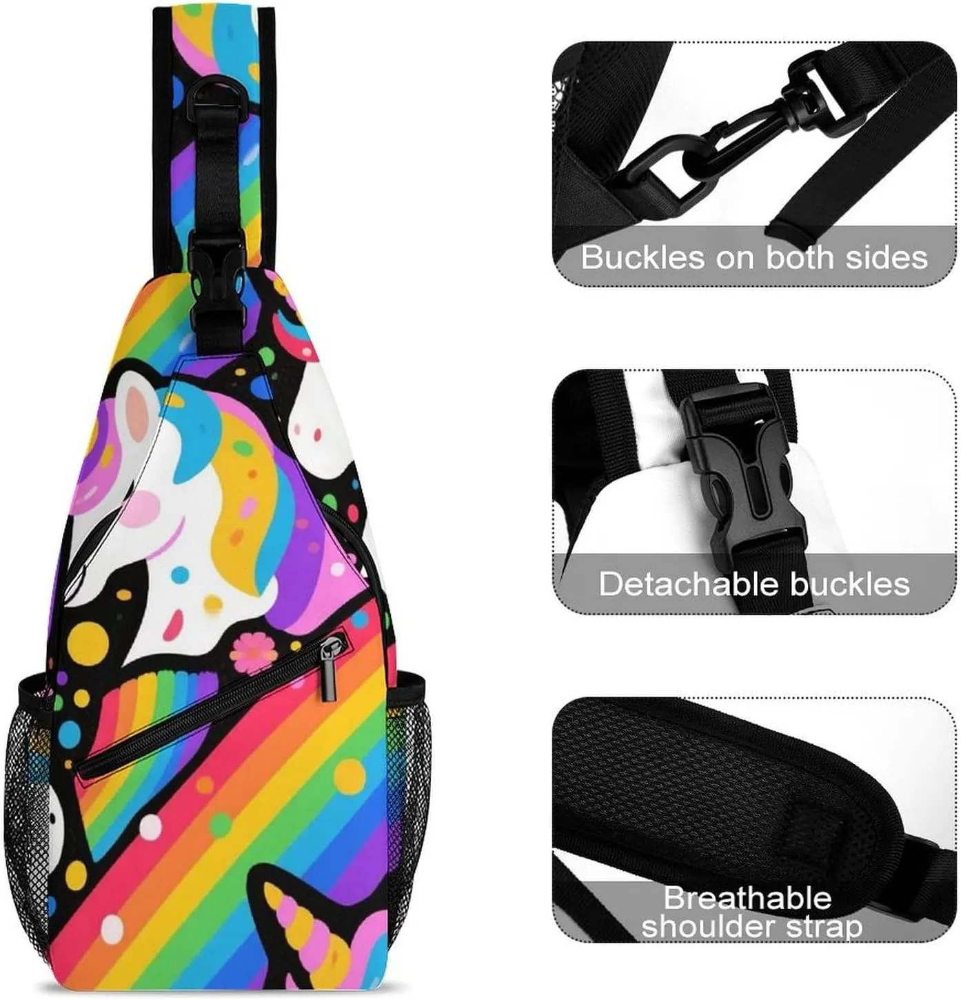 Supdreamc Ultra Lightweight Sling Shoulder Backpack Shoulder Crossbody Bag Chest Pack Multipurpose Anti-Theft Daypack for Outdoors Camping Hiking Trekking, Trippy Rainbow Unicorn Art
