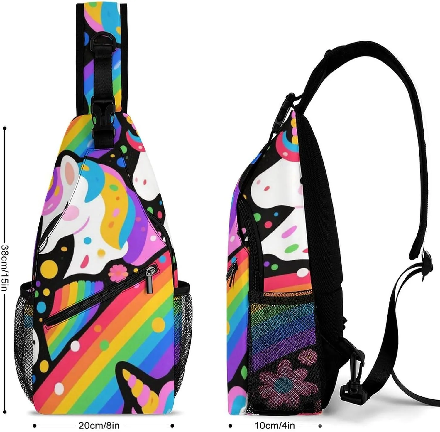 Supdreamc Ultra Lightweight Sling Shoulder Backpack Shoulder Crossbody Bag Chest Pack Multipurpose Anti-Theft Daypack for Outdoors Camping Hiking Trekking, Trippy Rainbow Unicorn Art