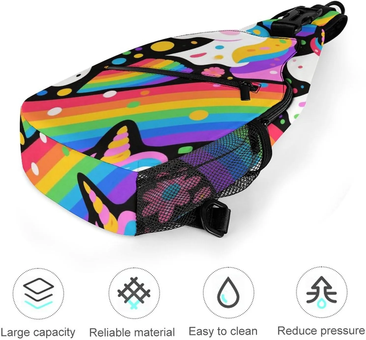 Supdreamc Ultra Lightweight Sling Shoulder Backpack Shoulder Crossbody Bag Chest Pack Multipurpose Anti-Theft Daypack for Outdoors Camping Hiking Trekking, Trippy Rainbow Unicorn Art