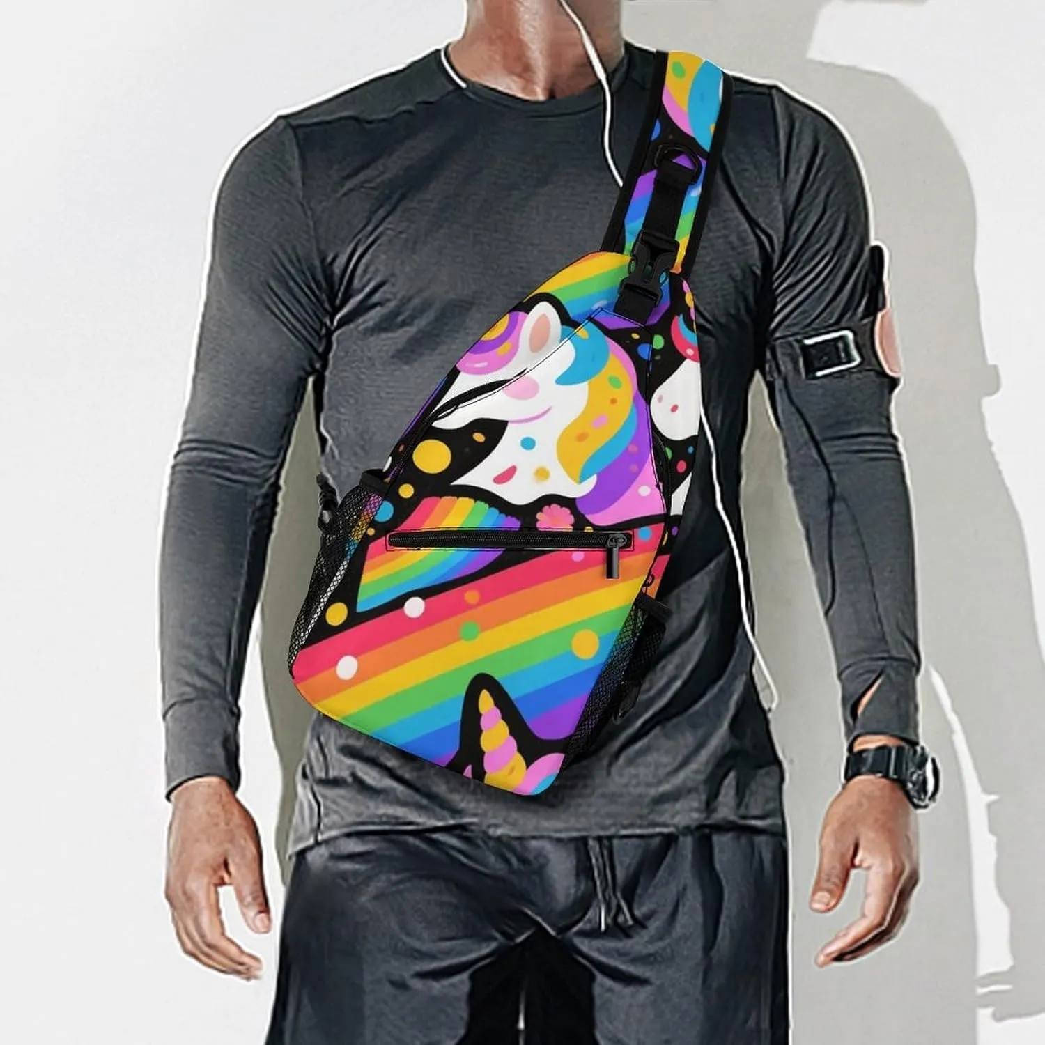 Supdreamc Ultra Lightweight Sling Shoulder Backpack Shoulder Crossbody Bag Chest Pack Multipurpose Anti-Theft Daypack for Outdoors Camping Hiking Trekking, Trippy Rainbow Unicorn Art