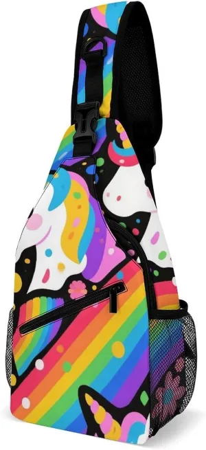 Supdreamc Ultra Lightweight Sling Shoulder Backpack Shoulder Crossbody Bag Chest Pack Multipurpose Anti-Theft Daypack for Outdoors Camping Hiking Trekking, Trippy Rainbow Unicorn Art