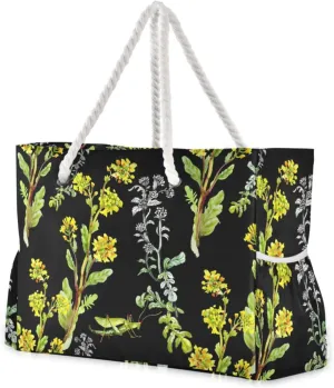 susiyo Beach Bag Yellow Flowers Grasshoppers Beach Tote Bag Large Travel Tote Bag Waterproof Lightweight Shoulder Bag with Thick Cotton Rope for Gym Beach Travel Pool Yoga Baby Utility Bag