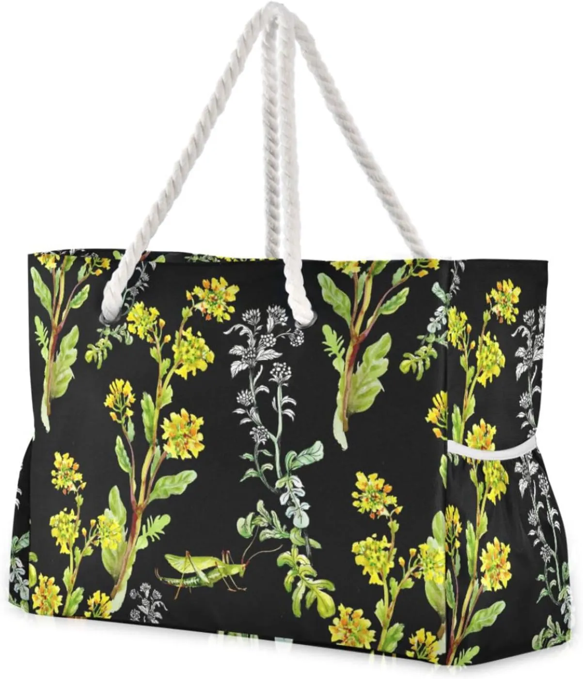 susiyo Beach Bag Yellow Flowers Grasshoppers Beach Tote Bag Large Travel Tote Bag Waterproof Lightweight Shoulder Bag with Thick Cotton Rope for Gym Beach Travel Pool Yoga Baby Utility Bag