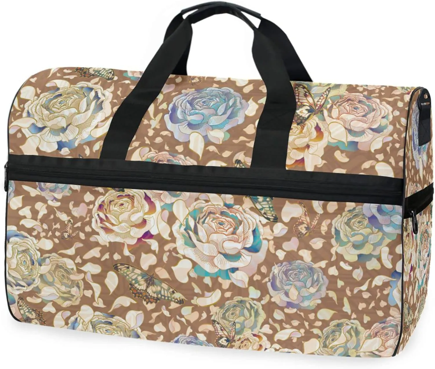 susiyo Floral Petals Butterflies Sports Gym Bag, Travel Duffel Bag with Shoes Compartment Overnight Weekender Workout Bag for Men Women