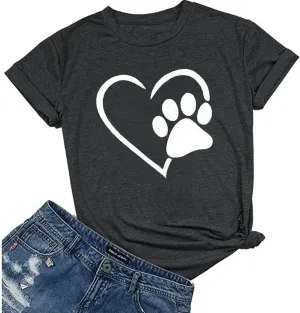 Susongeth Dog Paw Love Heart Print T-Shirt for Women Short Sleeve Dog Mom Graphic Tees Tops Mother's Day Shirts