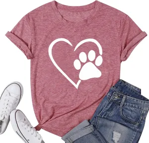 Susongeth Dog Paw Love Heart Print T-Shirt for Women Short Sleeve Dog Mom Graphic Tees Tops Mother's Day Shirts