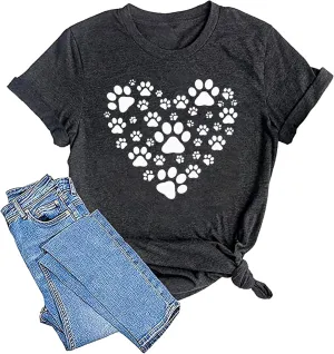 Susongeth Dog Paw Love Heart Print T-Shirt for Women Short Sleeve Dog Mom Graphic Tees Tops Mother's Day Shirts
