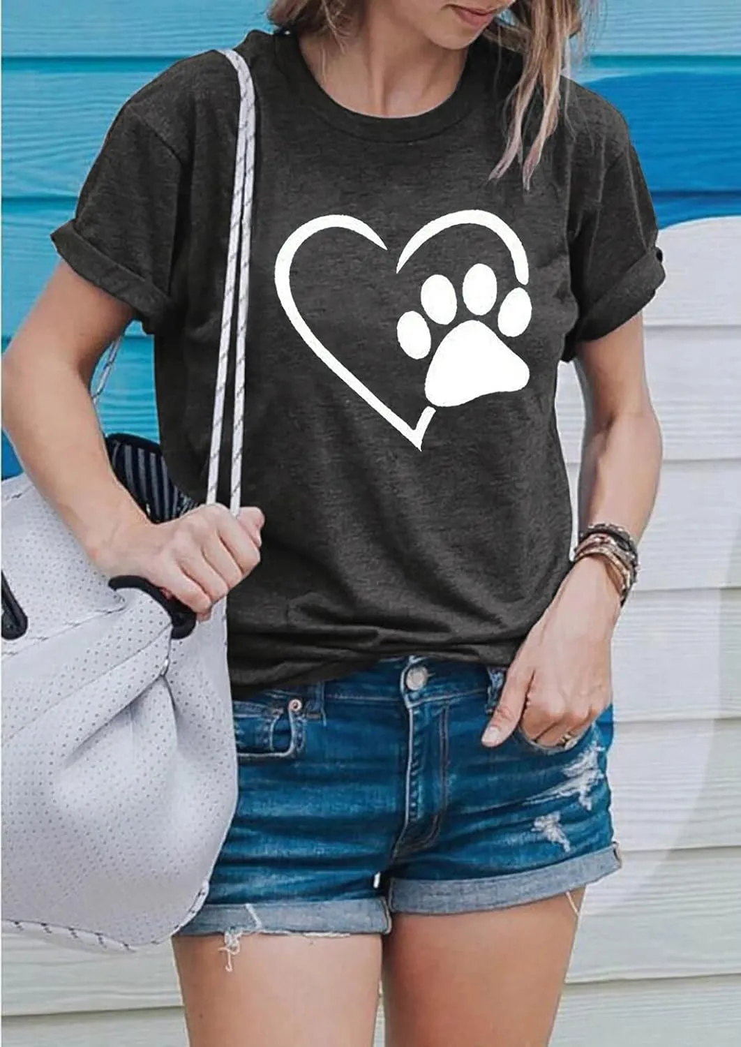 Susongeth Dog Paw Love Heart Print T-Shirt for Women Short Sleeve Dog Mom Graphic Tees Tops Mother's Day Shirts