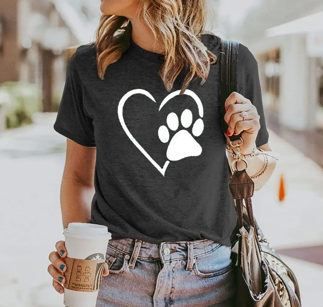 Susongeth Dog Paw Love Heart Print T-Shirt for Women Short Sleeve Dog Mom Graphic Tees Tops Mother's Day Shirts