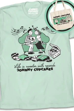 Sweeter with Records Tee w/ Mint Canvas Tote