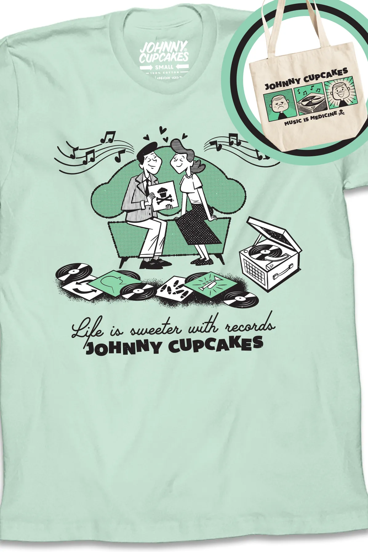 Sweeter with Records Tee w/ Mint Canvas Tote