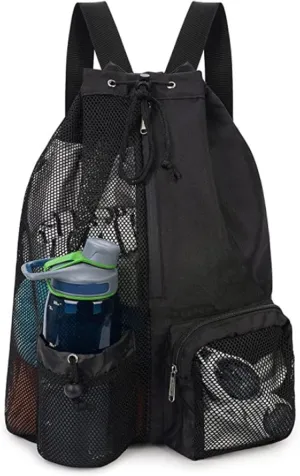 Swim Bag Mesh Drawstring Backpack with Wet Pocket for Swimming, Gym, and Workout Gear for Man Women (Black)