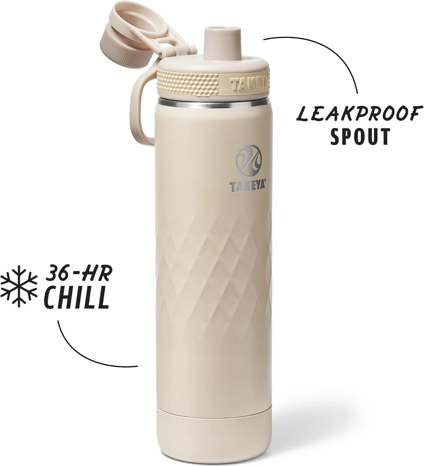 Takeya Sport 22 oz Triple-Insulated Stainless Steel Water Bottle, Spout Lid – Leakproof, Sweatproof, BPA-Free, Keeps Drinks Cold 36 Hrs, Hot 14 Hrs – Almond