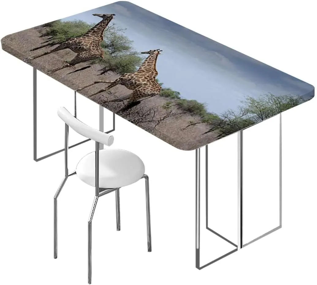 Tan Blue Rectangle Elastic Fitted Tablecloth Giraffe Family Grassland with Shrubs Print Dining Room Table- Machine Washable Table Cover Protector Africa Fits up 5 Foot Tables
