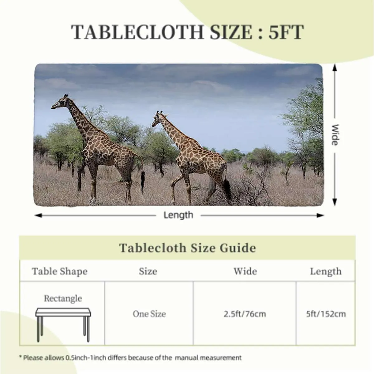 Tan Blue Rectangle Elastic Fitted Tablecloth Giraffe Family Grassland with Shrubs Print Dining Room Table- Machine Washable Table Cover Protector Africa Fits up 5 Foot Tables