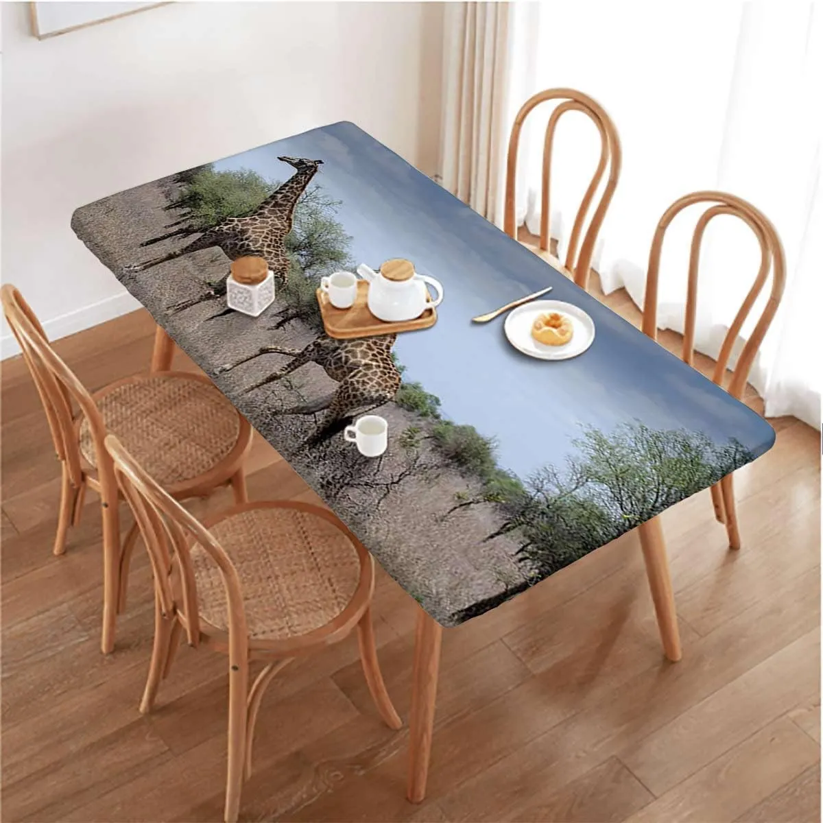 Tan Blue Rectangle Elastic Fitted Tablecloth Giraffe Family Grassland with Shrubs Print Dining Room Table- Machine Washable Table Cover Protector Africa Fits up 5 Foot Tables