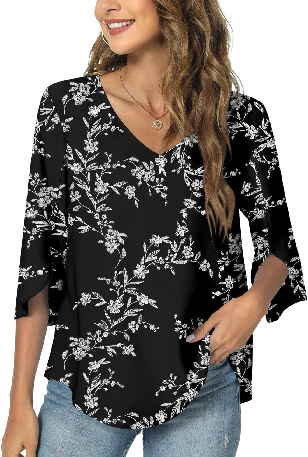 TAOHUADAO Womens 2025 Summer 3/4 Sleeve Tunic Tops Chiffon Work Blouse V-Neck Dressy Casual Shirt