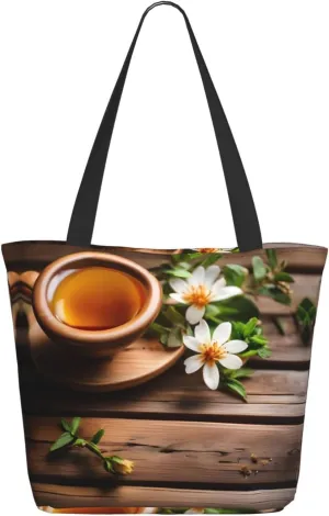 Teal Flower on Wooden Plank Tote Bag with Zipper for Women Inside Mesh Pocket Heavy Duty Casual Anti-water Cloth Shoulder Handbag Outdoors