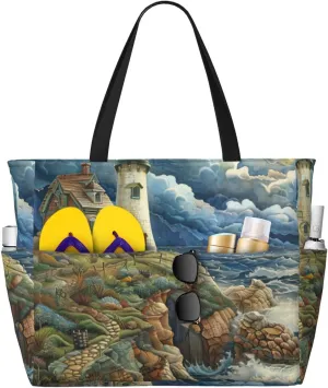 The Seaside Lighthouse print Large Waterproof Beach Bag for Women Tote Bag for Travel Vacation fun Travel Bag