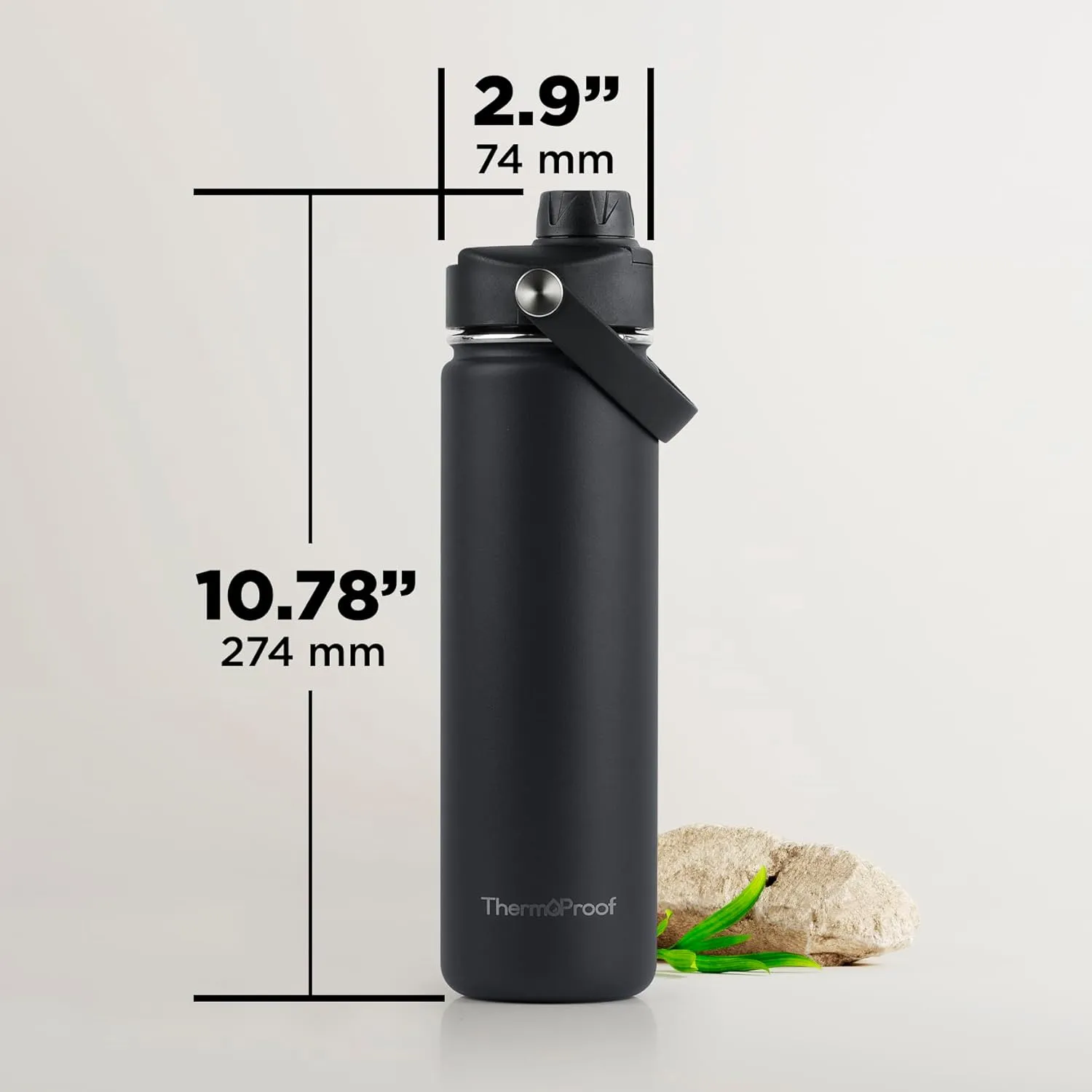 ThermoProof Double-Walled Vacuum Insulated Stainless Steel Water Bottle - Wide Mouth with Chug & Spout Lids, Dishwasher Safe, Reusable, Leakproof, Hot & Cold for Men, Women & Kids - 22oz, Black