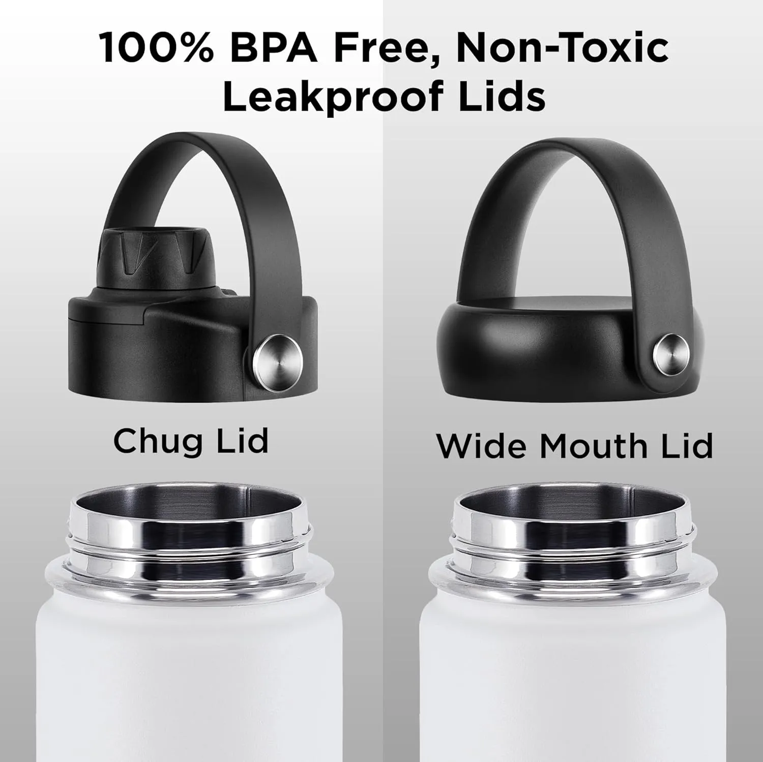 ThermoProof Double-Walled Vacuum Insulated Stainless Steel Water Bottle - Wide Mouth with Chug & Spout Lids, Dishwasher Safe, Reusable, Leakproof, Hot & Cold for Men, Women & Kids - 22oz, Black