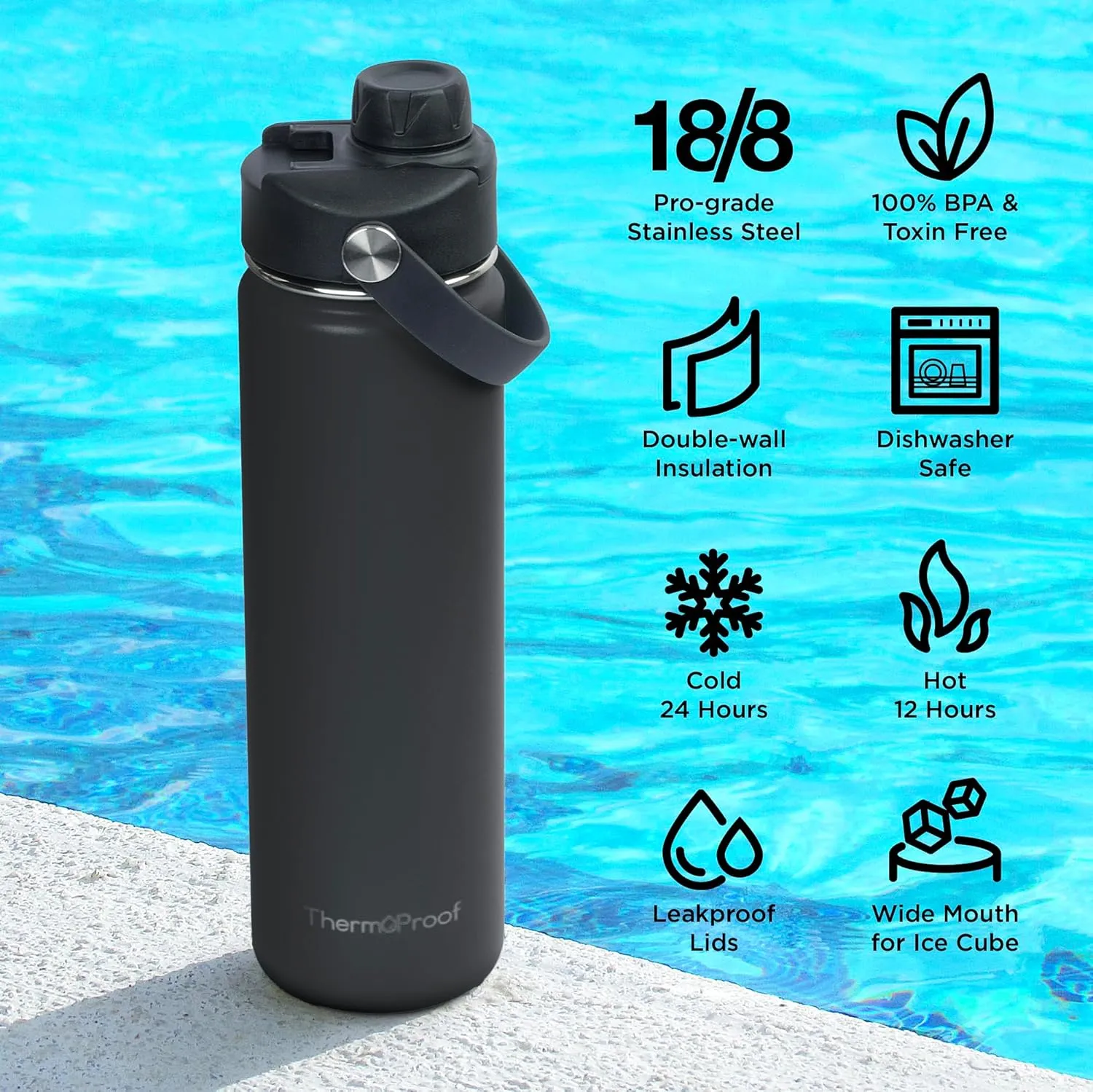 ThermoProof Double-Walled Vacuum Insulated Stainless Steel Water Bottle - Wide Mouth with Chug & Spout Lids, Dishwasher Safe, Reusable, Leakproof, Hot & Cold for Men, Women & Kids - 22oz, Black