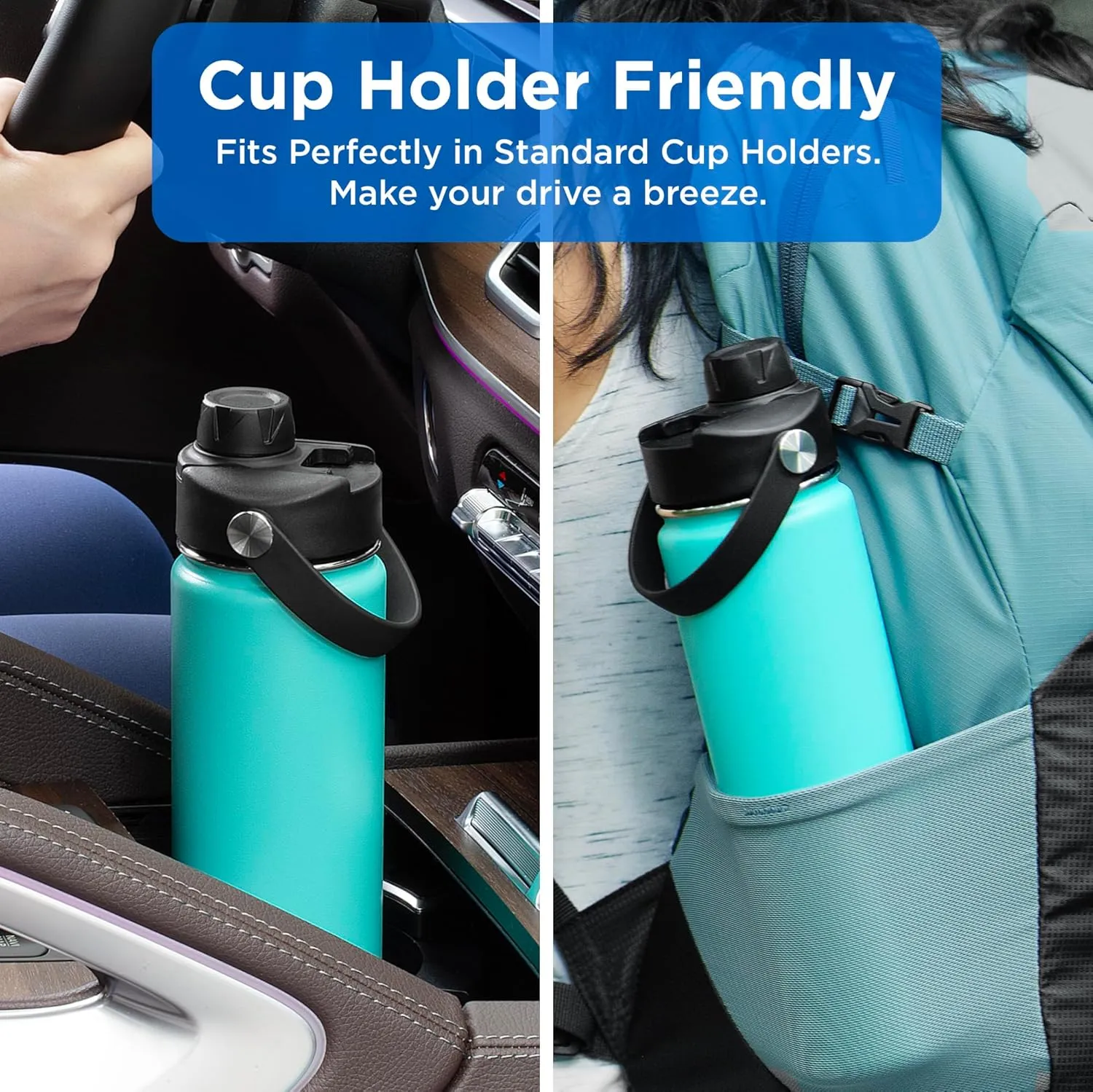 ThermoProof Double-Walled Vacuum Insulated Stainless Steel Water Bottle - Wide Mouth with Chug & Spout Lids, Dishwasher Safe, Reusable, Leakproof, Hot & Cold for Men, Women & Kids - 22oz, Light Blue