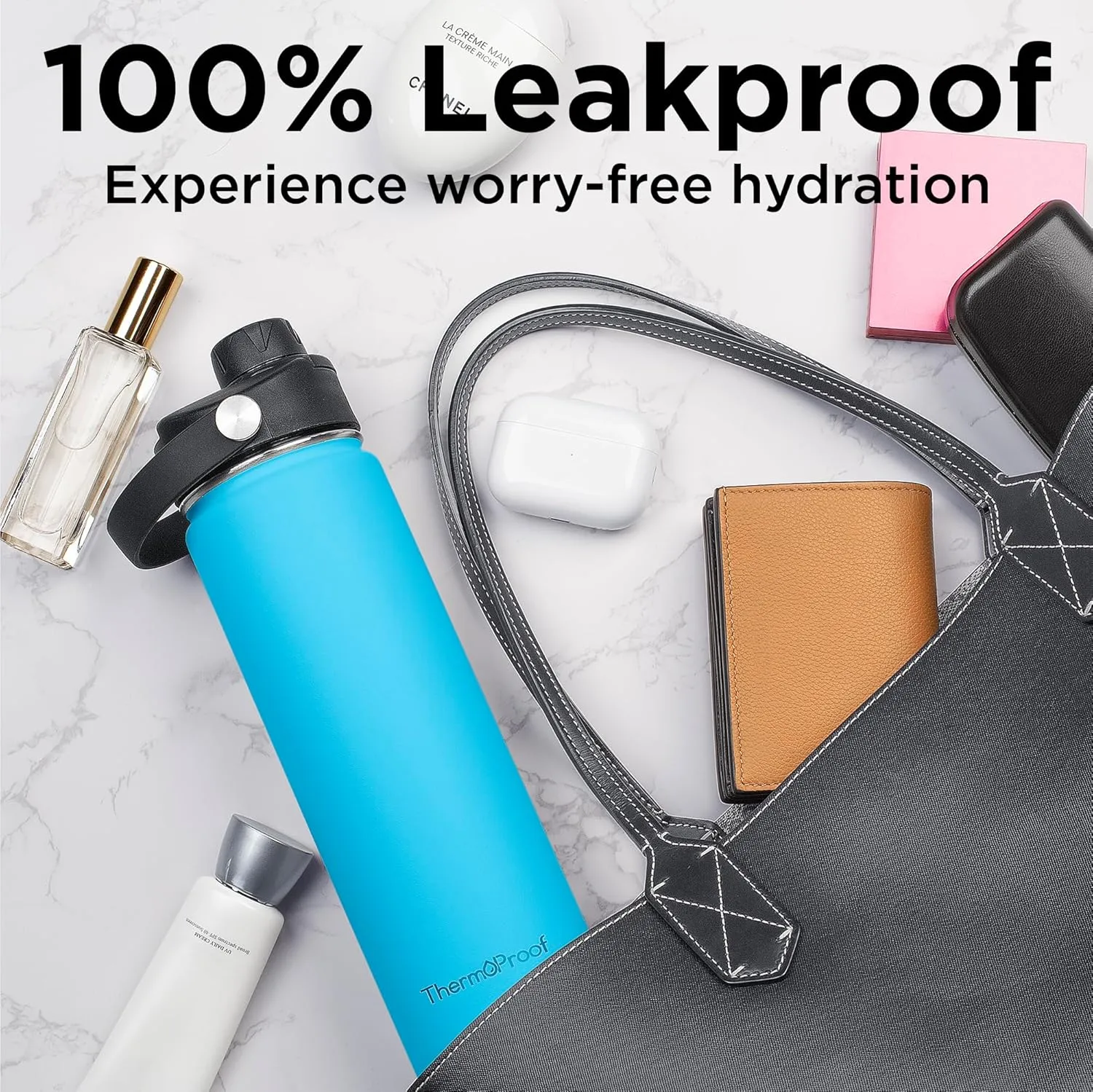 ThermoProof Double-Walled Vacuum Insulated Stainless Steel Water Bottle - Wide Mouth with Chug & Spout Lids, Dishwasher Safe, Reusable, Leakproof, Hot & Cold for Men, Women & Kids - 22oz, Light Blue