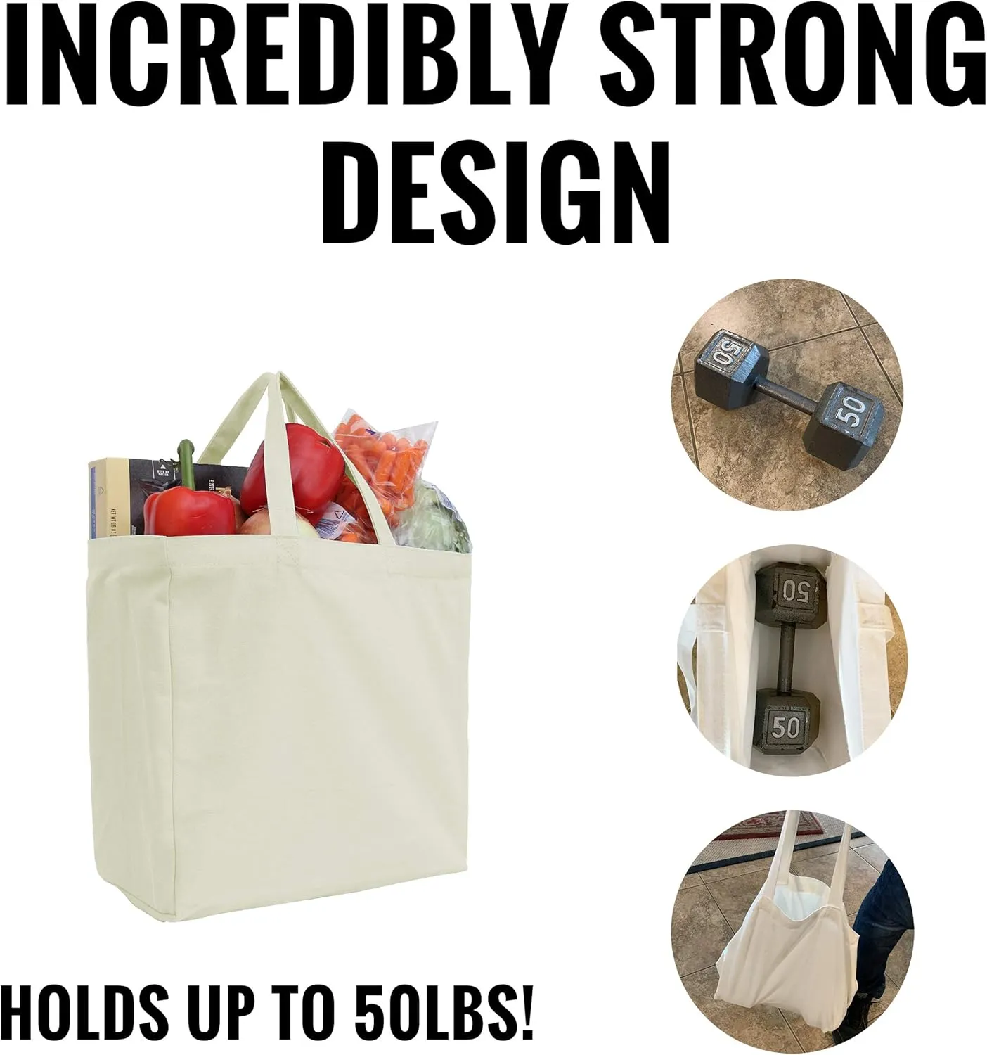 Threadart Reusable Heavy Duty 100% Cotton Canvas Grocery Bags Pack of 3 | With Strong Handles Holds up to 50lbs | Eco Friendly | Large Size 14x14x7.5 - Red