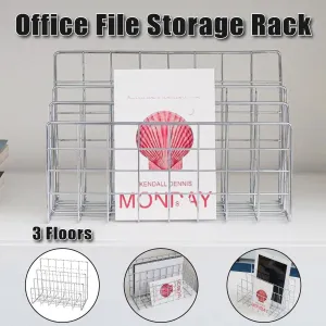 Three Layer Iron Office Document Organizer Rack Magazine Storage Shelf Bookshelf