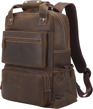 TIDING Full Grain Leather 17 Inch Computer Backpack for Men Vintage Travel Rucksack Office Business Laptop Back Pack