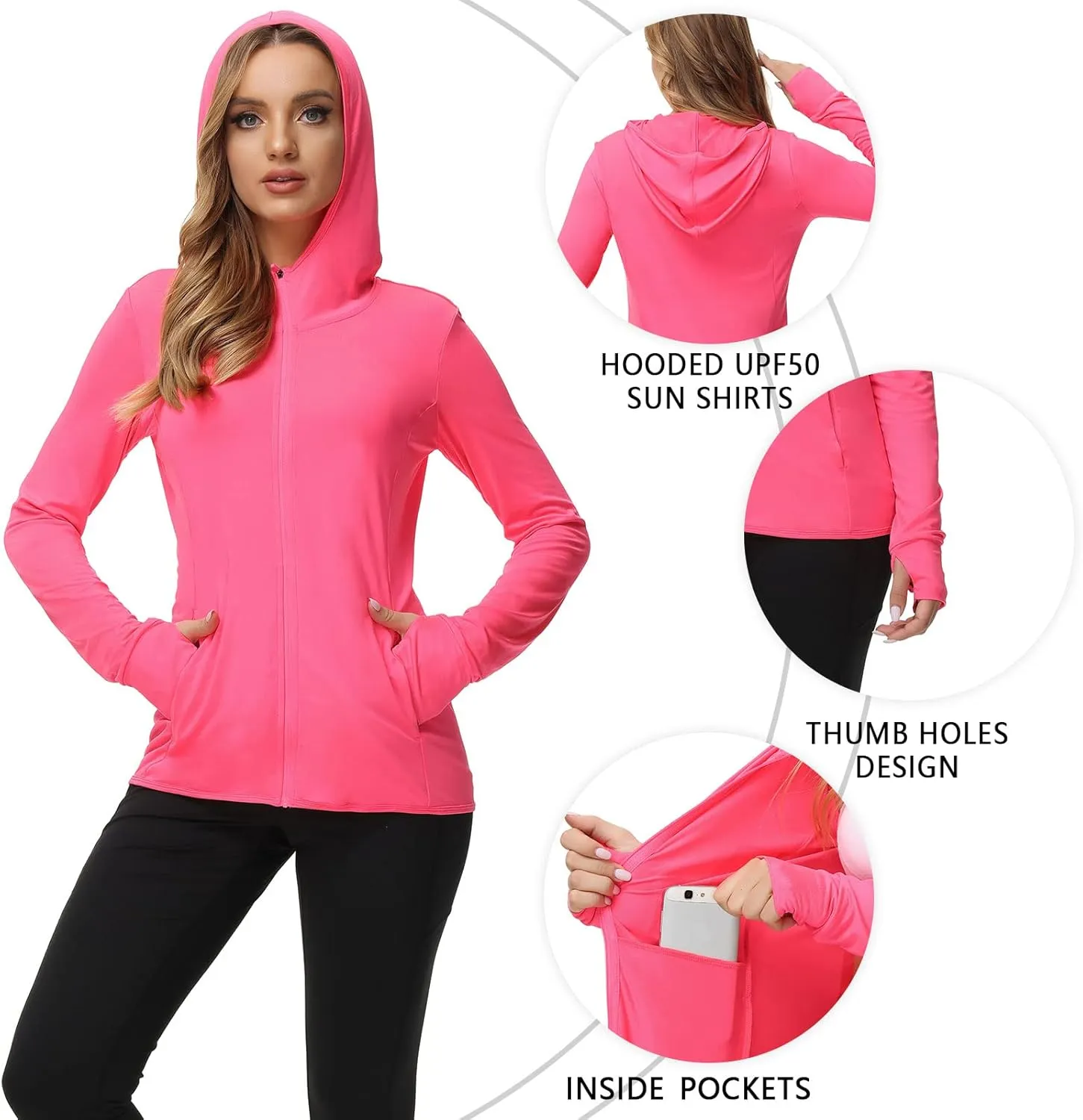 TIHEEN Women's UPF 50  Sun Protection Hoodie Jacket Lightweight Full Zip Athletic Jacket Long Sleeve Shirt with Pockets