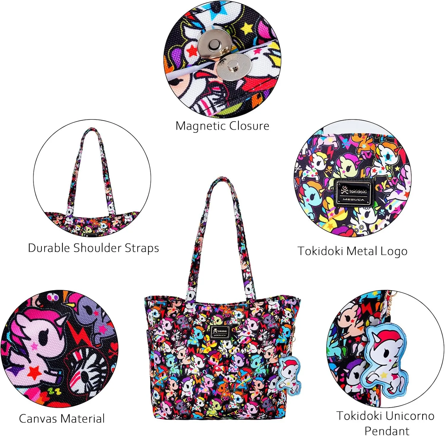 Tokidoki Unicorno Tote Bag Shoulder Bag Canvas Purses for Women Cute Shopper Bag Handbag Travel Purse Charm