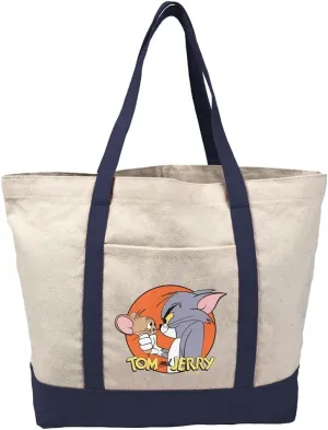 Tom and Jerry Characters Canvas Tote Bag With External Pocket, Reusable Shoulder Bag for Shopping, Beach, Navy