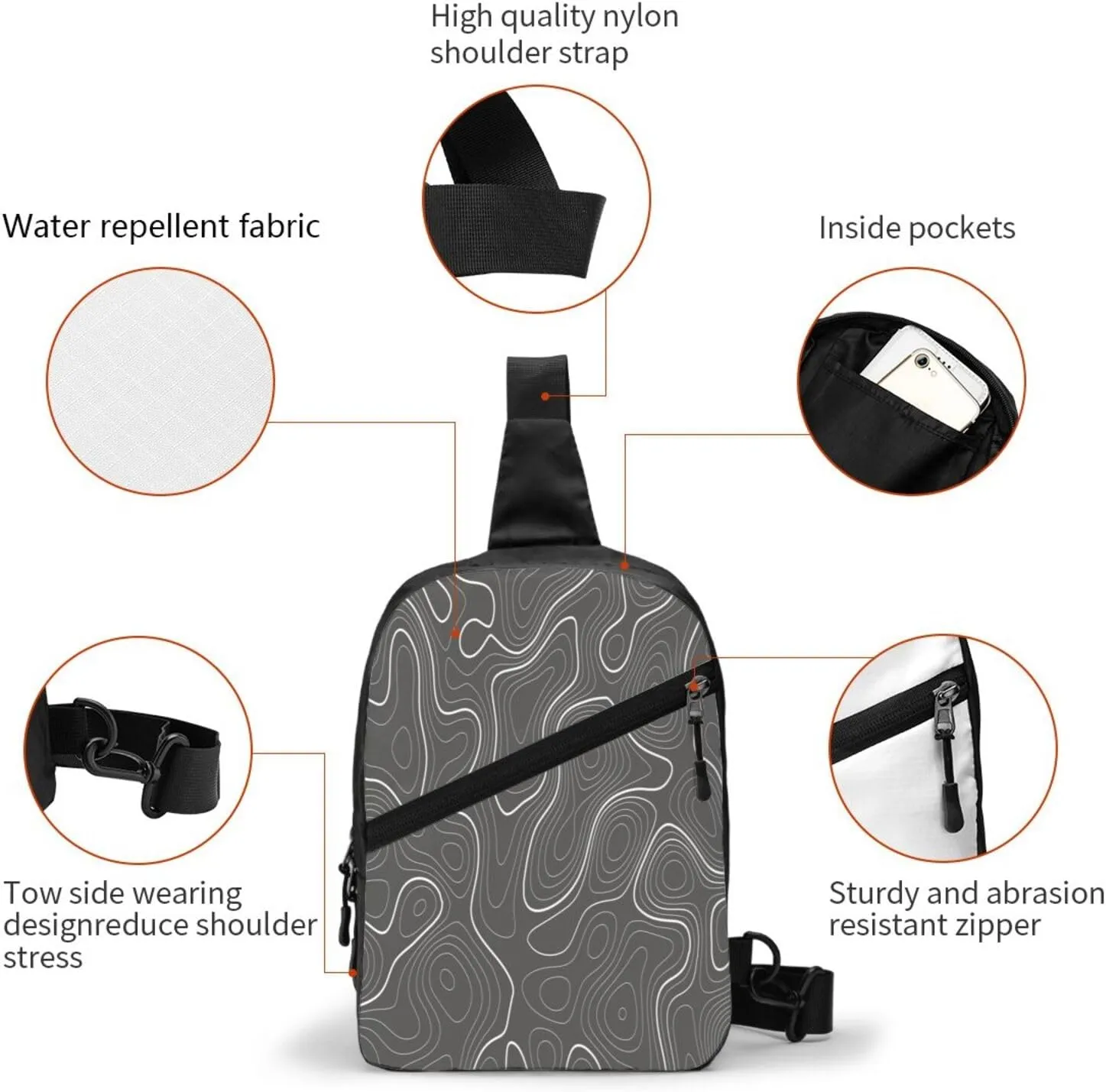 Topography Contour Map Sling Bag for Men Women, Small Crossbody Sling Backpack Shoulder Chest Bag, Anti Theft Travel Hiking Sports