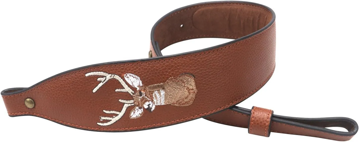TOURBON Vintage Leather Deer Head Embroidery Padded Rifle Gun Sling Strap with Swivel- Brown