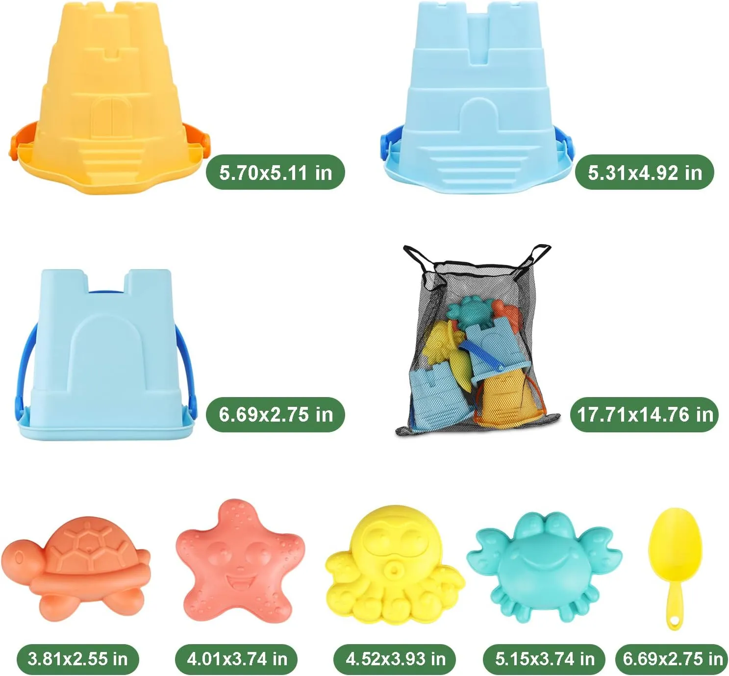TOY Life Beach Toys for Kids Ages 8-12 - 3 Sand Buckets, Shovel, Animal Molds and Mesh Bag - Castle Building Kit Sandbox Toys for Boys Girls Gift for Toddler Party Outdoor Play - 9 Piece Set