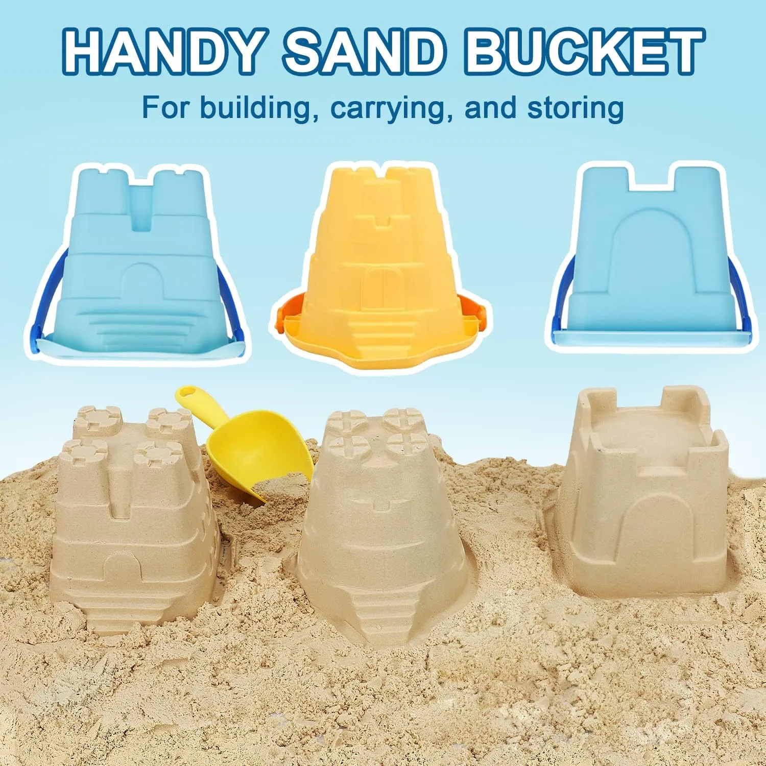 TOY Life Beach Toys for Kids Ages 8-12 - 3 Sand Buckets, Shovel, Animal Molds and Mesh Bag - Castle Building Kit Sandbox Toys for Boys Girls Gift for Toddler Party Outdoor Play - 9 Piece Set